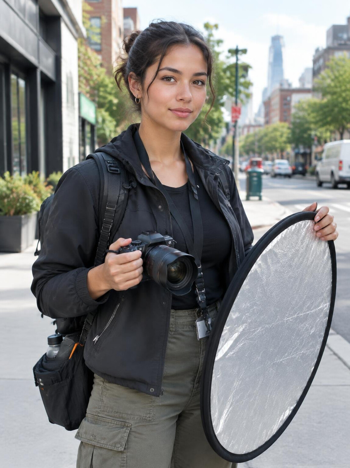 Producer holding a camera outdoors ready for a location shoot