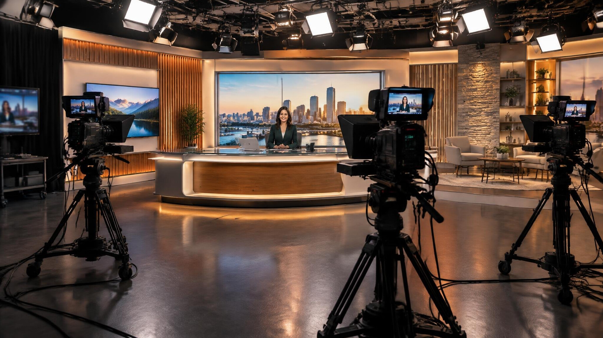 Television studio with cameras and overhead lighting rigs ready for filming
