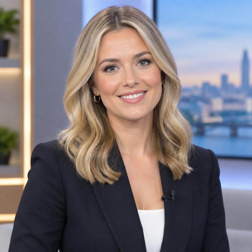 Smiling television presenter ready for an on-air segment