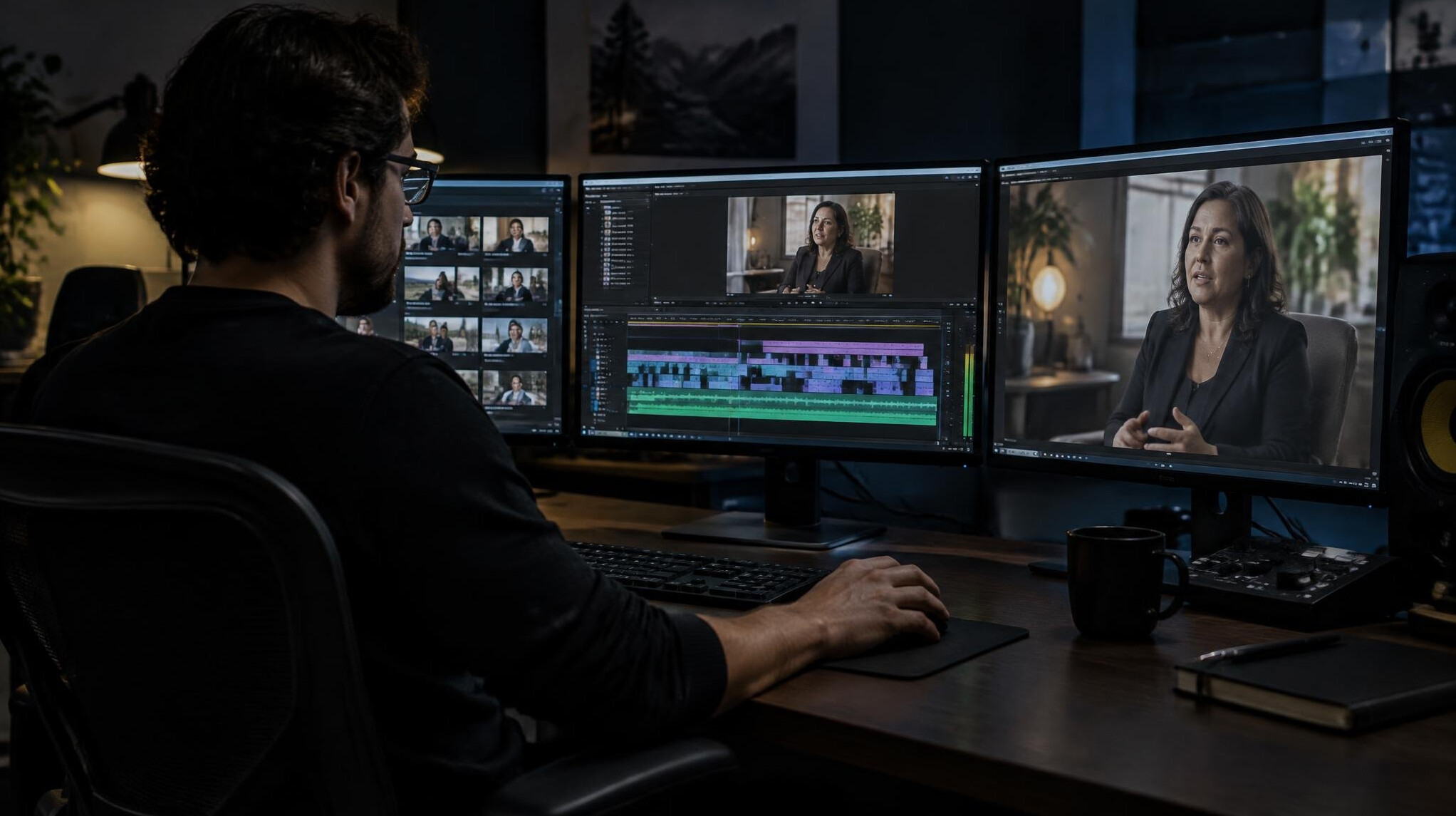 Video editor working at a multi monitor desk in an edit suite