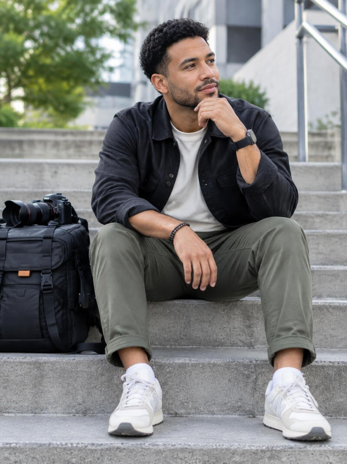 Media producer sitting on outdoor steps with a camera bag