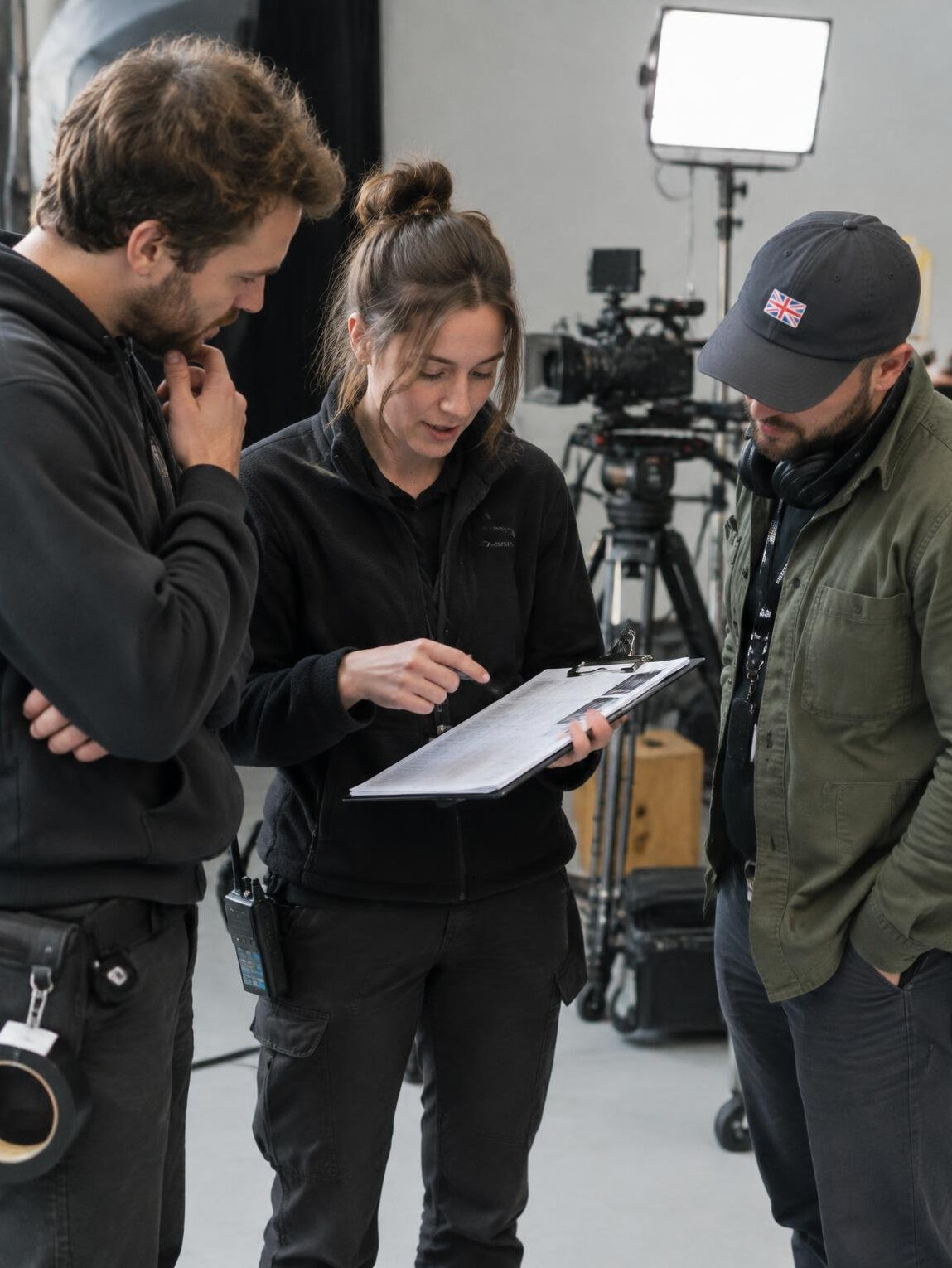 Production crew briefing before a shoot with a schedule on a clipboard