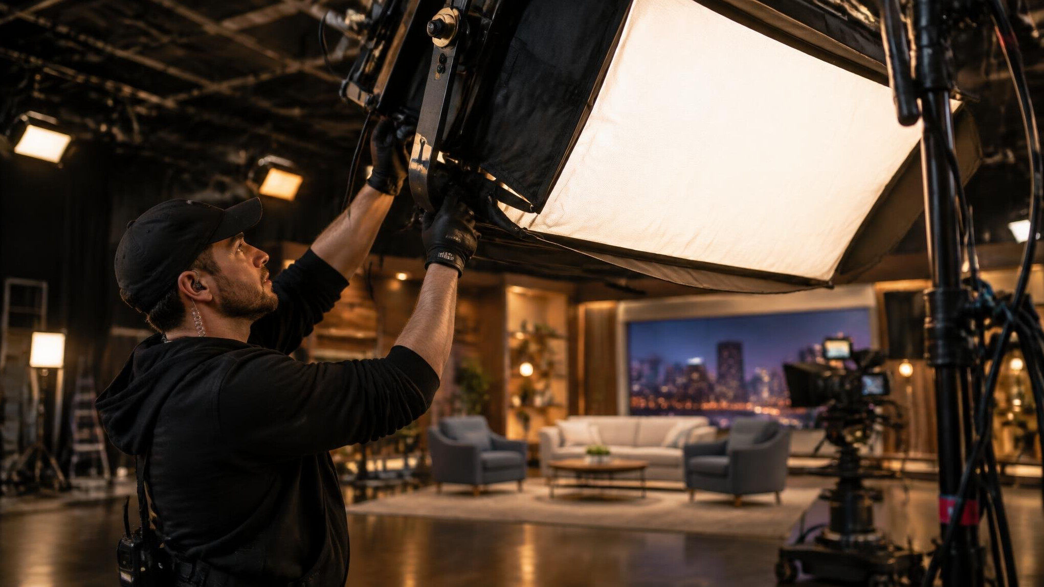 Lighting technician adjusting a studio lighting rig overhead