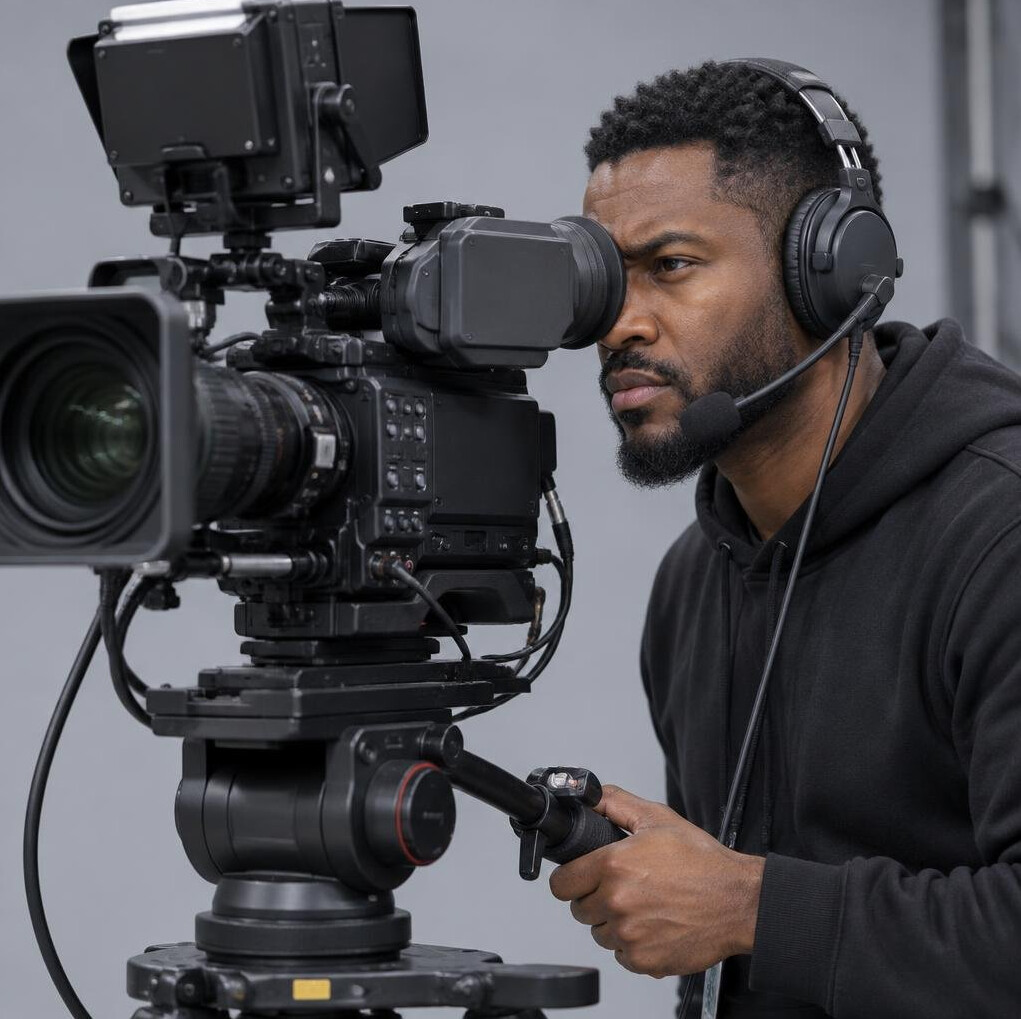 Camera operator looking through a broadcast camera viewfinder