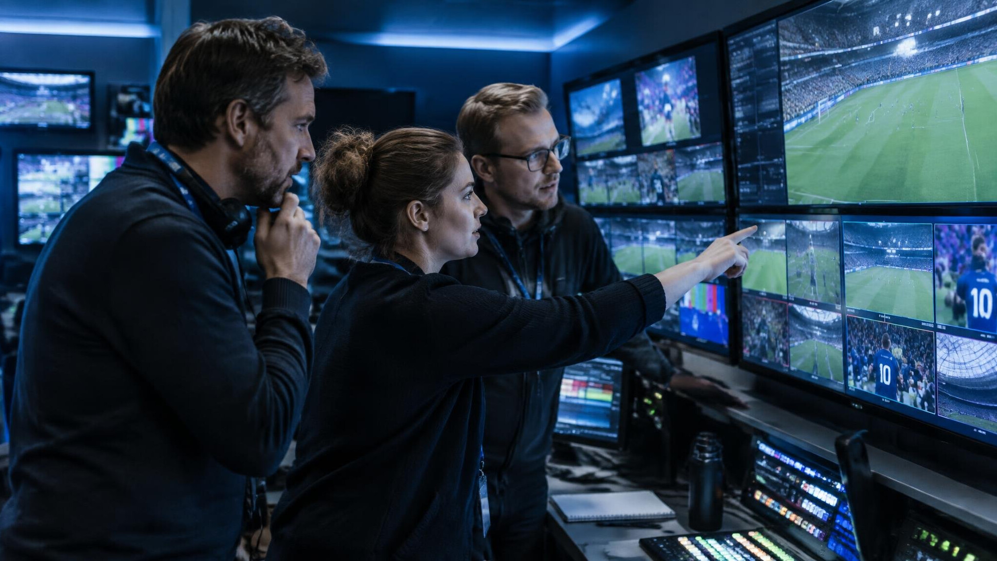 Production team reviewing footage on monitors in a control room