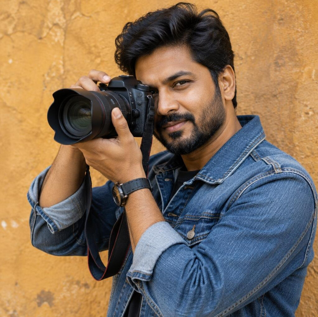 Photographer holding a professional camera against a textured wall