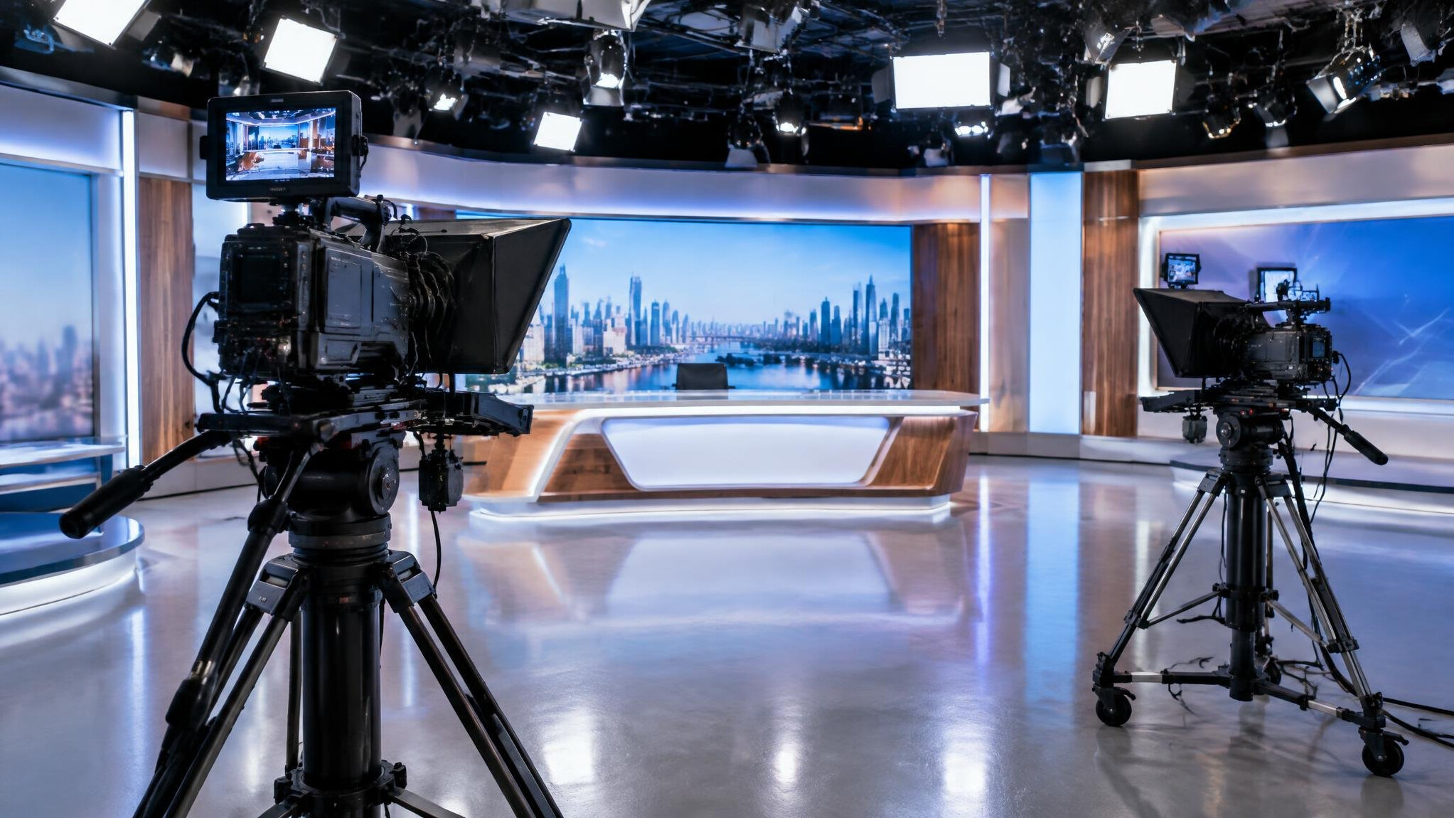 Multi camera studio setup with lighting rigs overhead